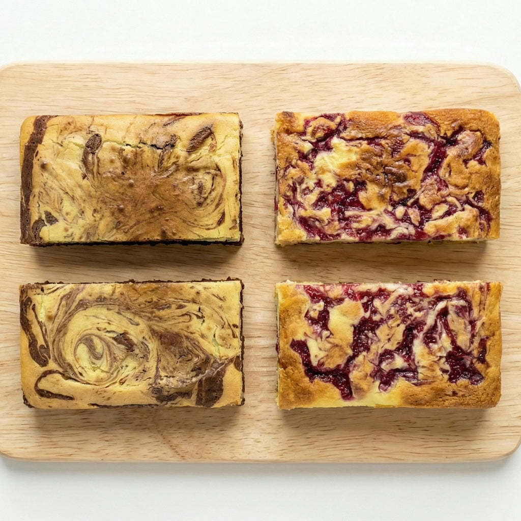 Packs 4 Brownies Mix: 2 brownies con cheesecake de chocolate blanco y 2 blondies o con cheesecake y frambuesa. - Pastelería Butterfly